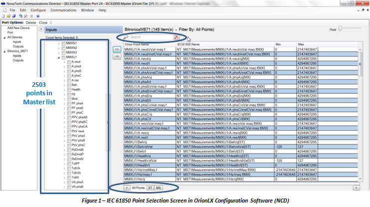 IEC 61850 Point Selection Screen in OrionLX NCD