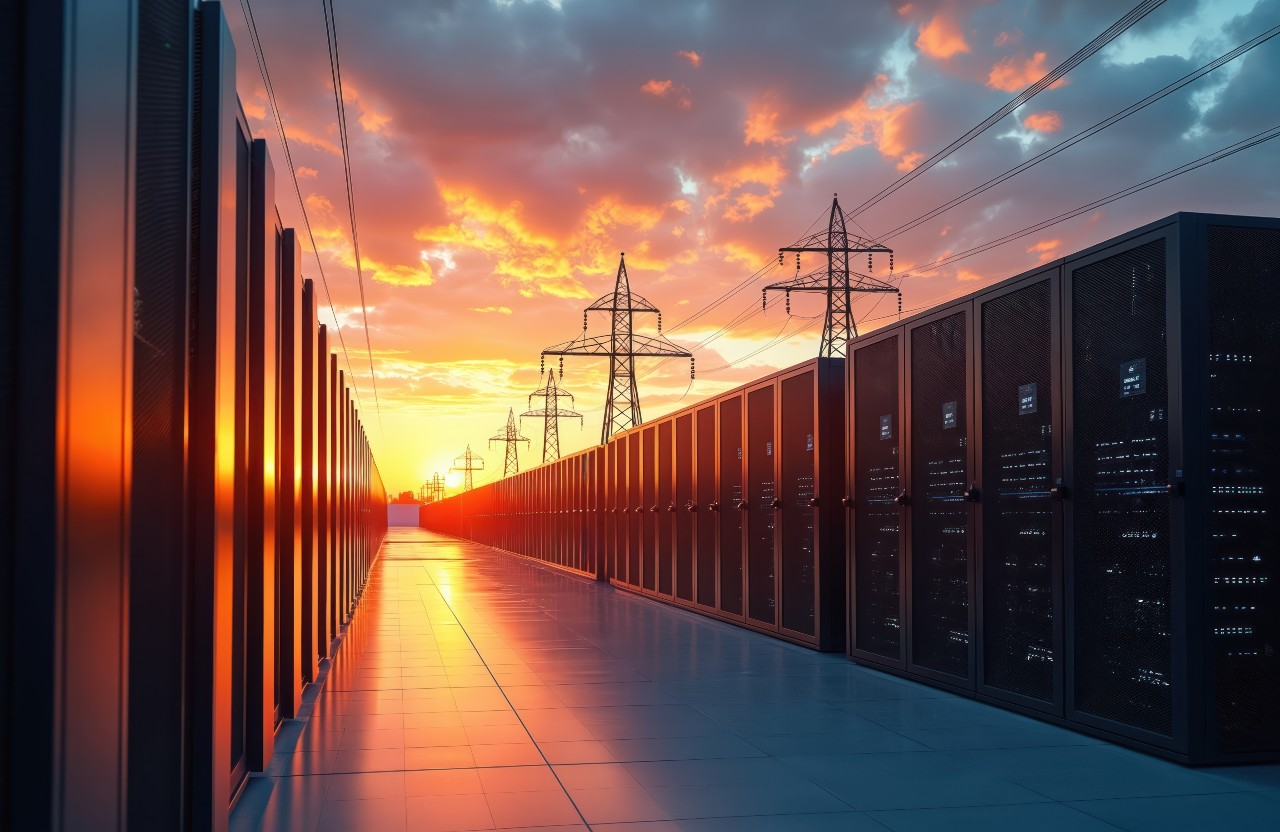Data center servers under sunset sky
